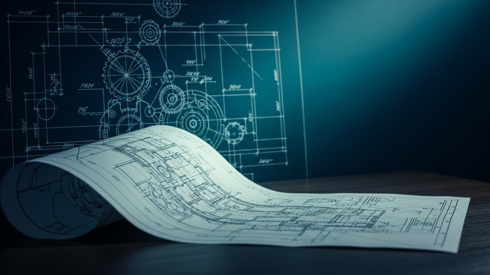 Plano arquitectónico técnico iluminado por luz teal sobre fondo oscuro: metáfora de construcción intencional, no en serie