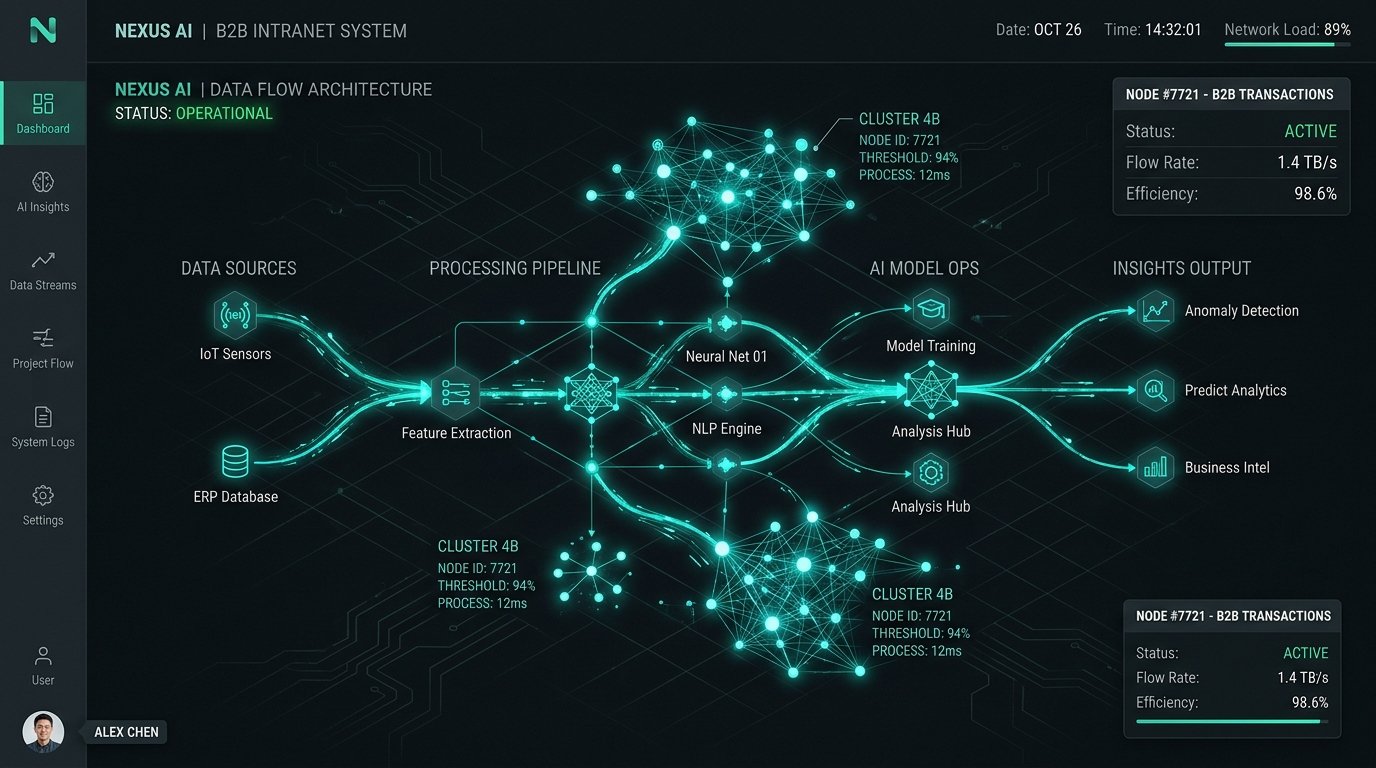 Interfaz oscura de intranet empresarial con diagramas de flujo de datos y nodos de IA conectados a base de datos de calidad