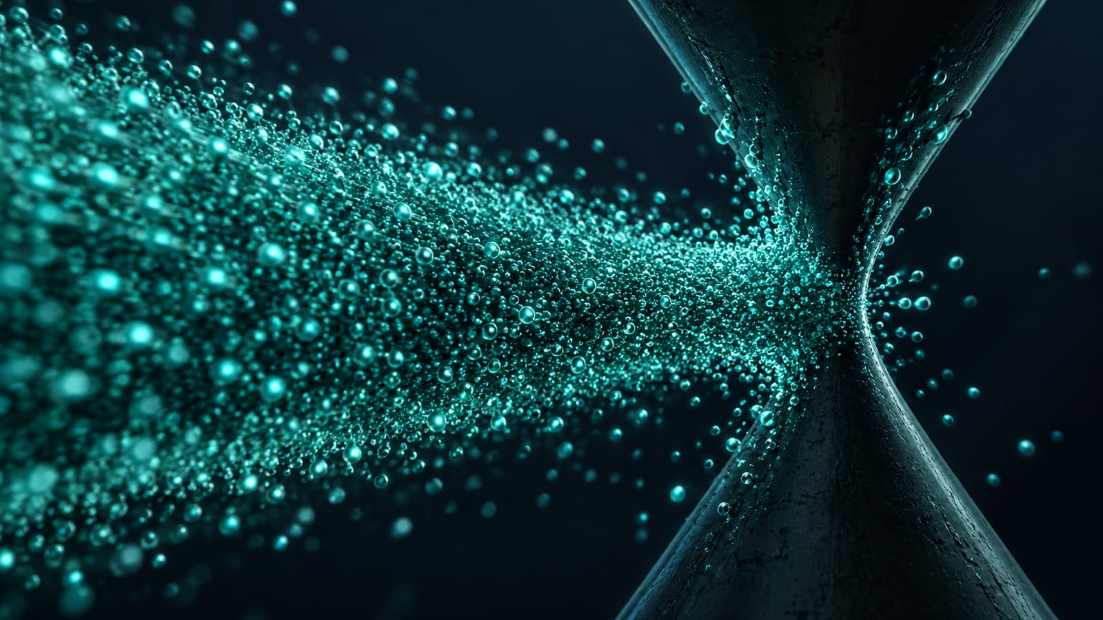 Un torrente de partículas teal que entra a presión en un embudo oscuro que apenas las contiene, como el tráfico de un evento Cyber