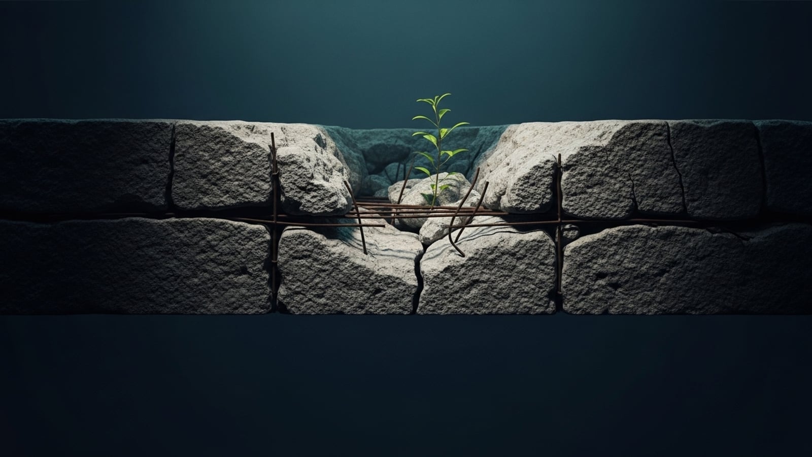 Cimientos de piedra agrietados con un brote verde emergiendo, metáfora de deuda técnica acumulada y oportunidad de renovación