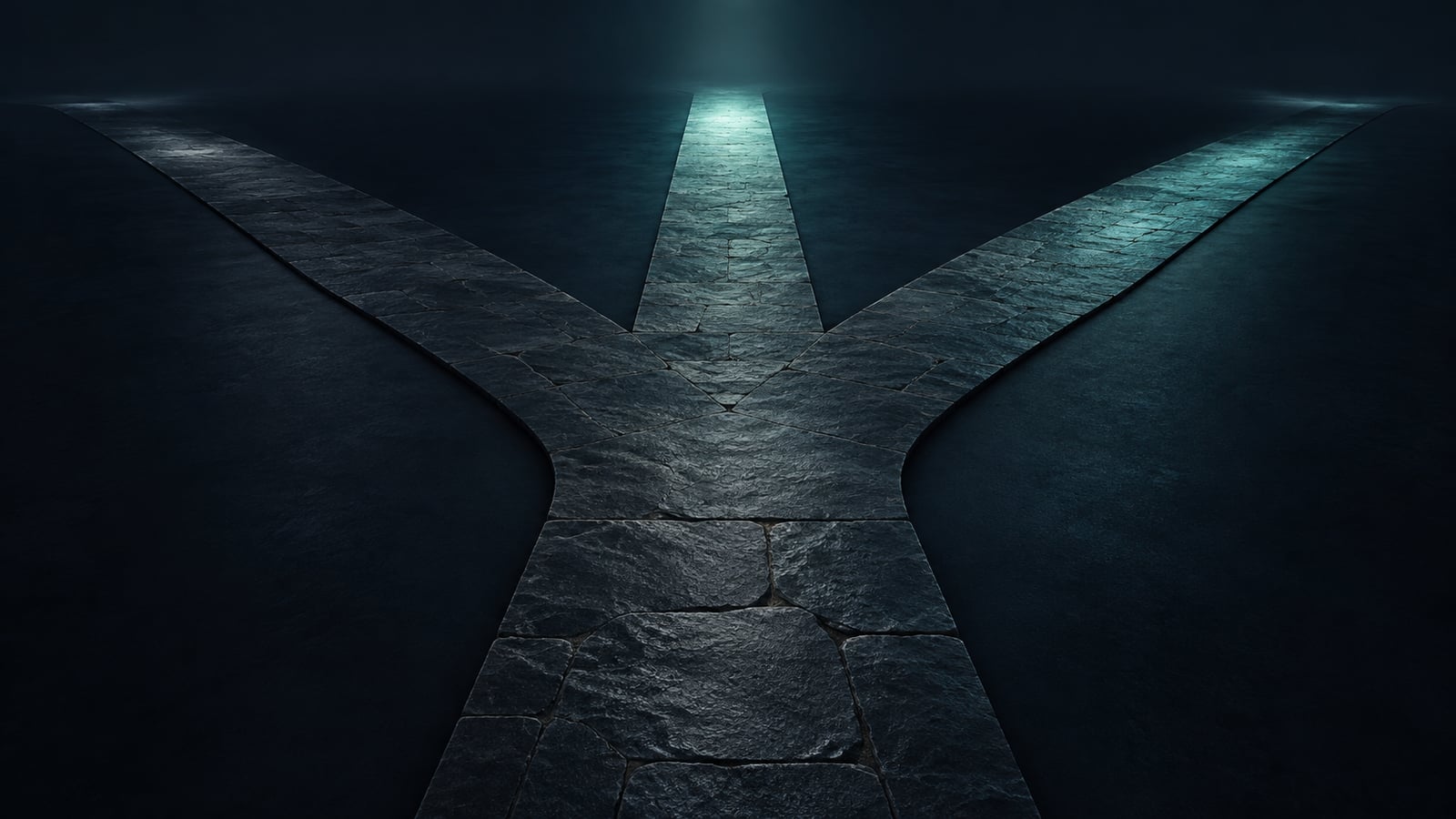 Un camino de piedra oscura que se divide en tres, cada uno iluminado con distinta intensidad de luz teal, como un punto de decisión