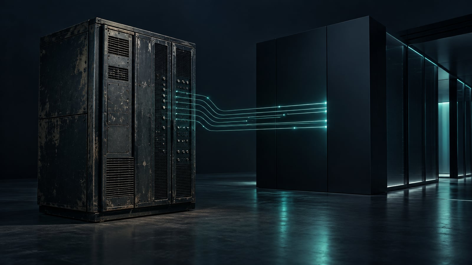 Un gabinete antiguo y desgastado del que salen líneas de luz teal hacia una estructura moderna, como código viejo conectado con uno nuevo