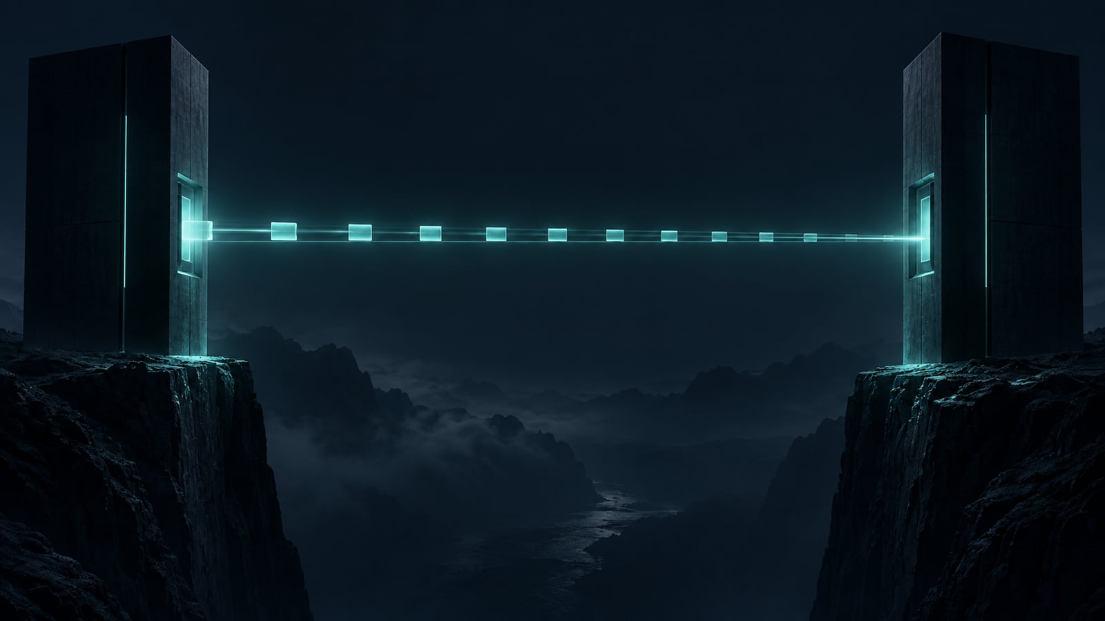 Dos estructuras oscuras sobre acantilados unidas por un haz de luz teal por el que viajan bloques luminosos en fila, como documentos entre sistemas
