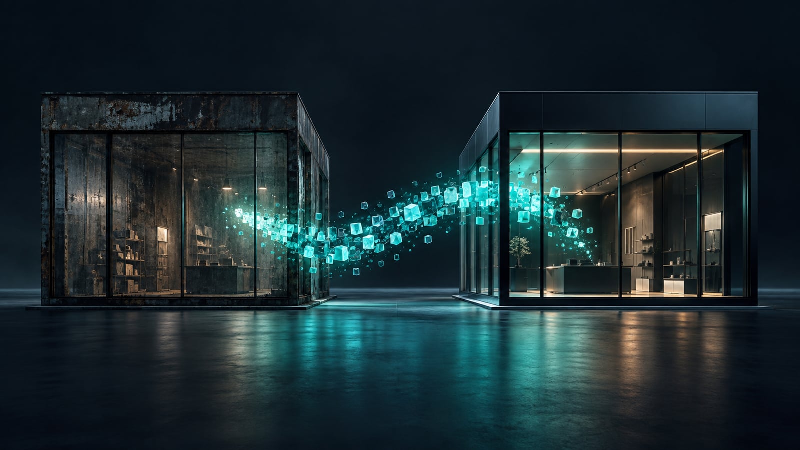 Dos tiendas de vidrio, una gastada y otra nueva, unidas por un puente de cubos luminosos teal que pasan de una a la otra