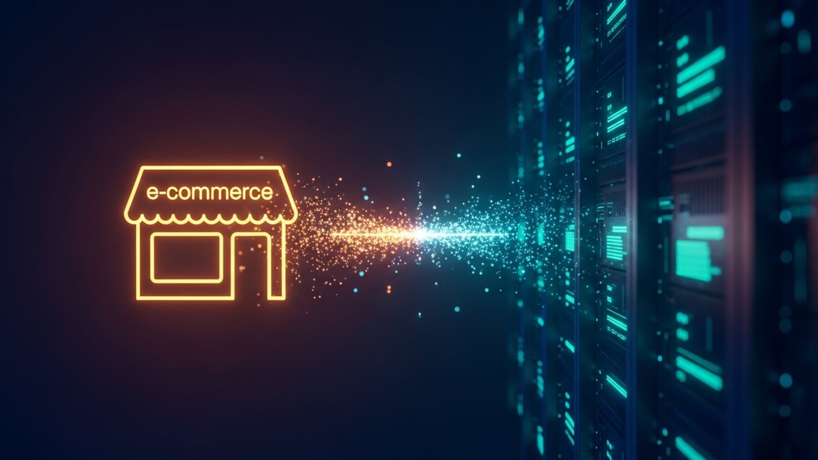 Flujo abstracto de datos entre sistemas de e-commerce y ERP, iluminado en teal sobre fondo navy