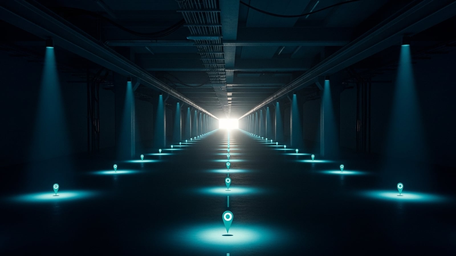Corredor industrial oscuro con hitos luminosos teal en perspectiva, simbolizando fases de proyecto