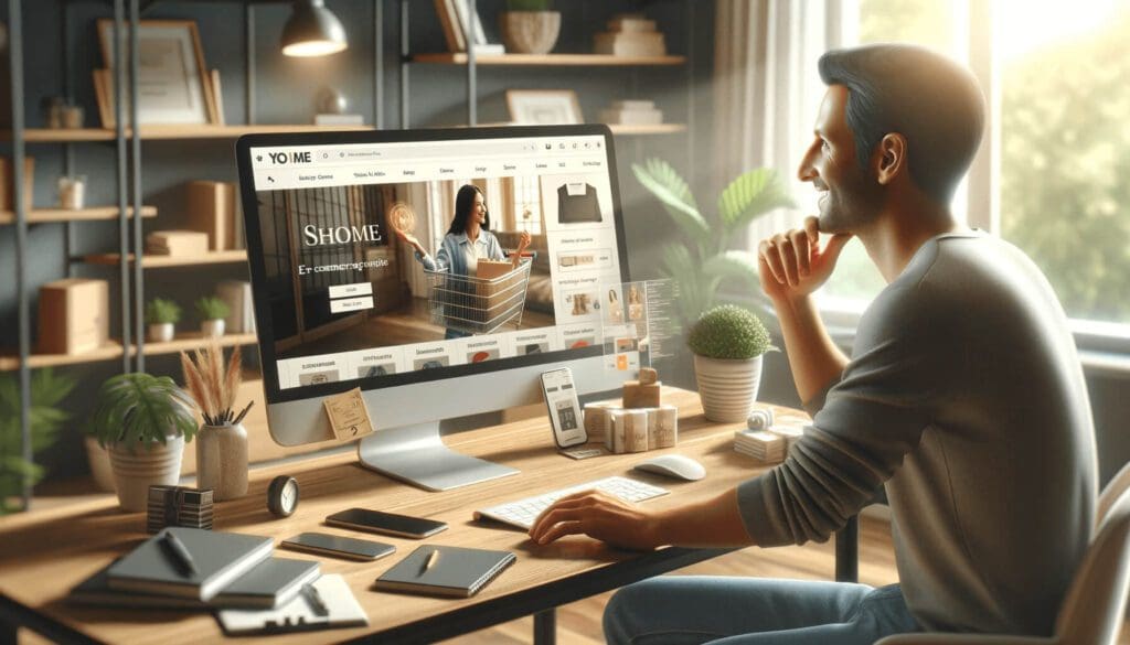 Diseño moderno y profesional de comercio electrónico en la pantalla de un portátil en una oficina elegante.